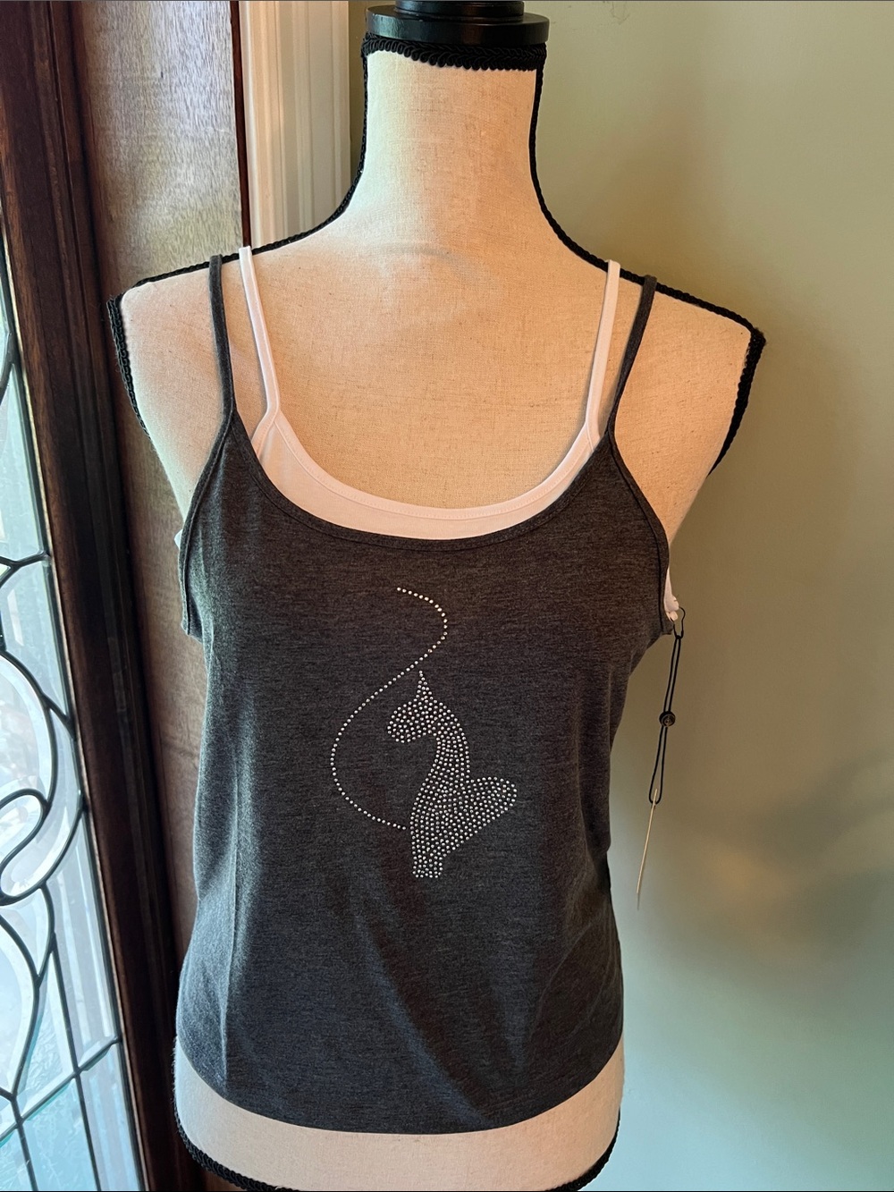 Sleeveless Rhinestone Heart Tank Top - Charcoal Gray
